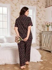 CottageSlumber Plus Size Ditsy Floral Ruffle Collar Open Front Pajama Set - Multicolor - View 2