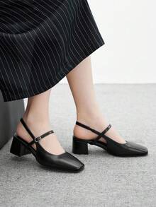CUCCOO BIZCHIC Women's Square Toe Mid-Chunky Heel Slingback Pumps, Classic Black Minimalist Design, Suitable For Daily Commute, Work, And Casual Outings For Christmas Spring Shoes - Black - View 5
