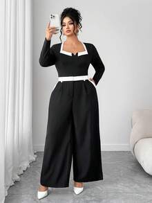 Elenzga Bộ đồ thanh lịch áo dài tay màu tương phản và quần ống rộng xếp ly cho nữ cỡ lớn - Đen và trắng - Xem 7