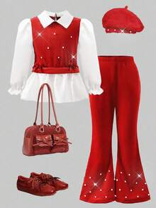 女童春秋休闲装，红色蝴蝶结装饰针织天鹅绒拼布衬衫，荷叶边下摆，搭配仿珍珠喇叭裤，2 件套，适合返校、休闲、时尚、甜美、舒适的户外/旅行穿着