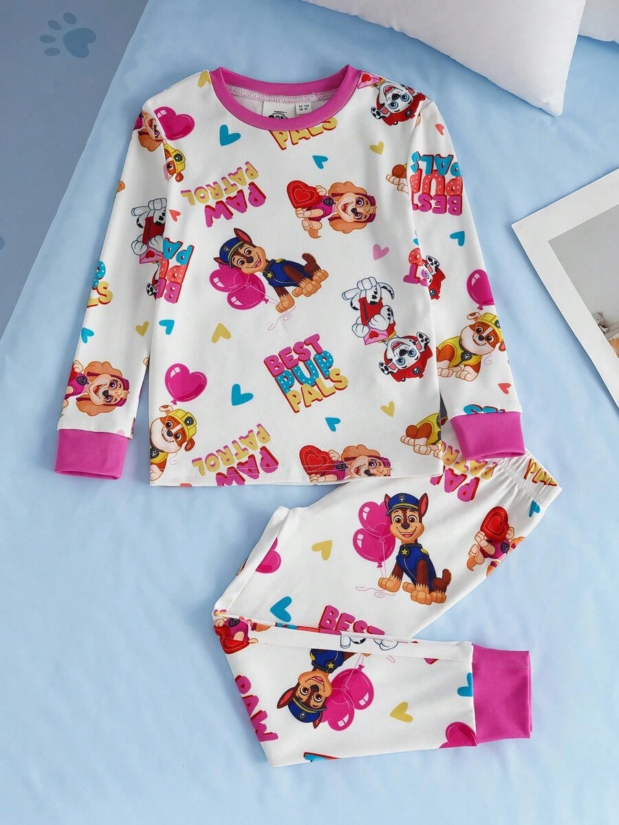 SHEIN | PAW Patrol 2件套少女卡通小狗全身印花圆领长袖上衣和裤子舒适弹力贴身睡衣套装 - 彩色 - 查看 1