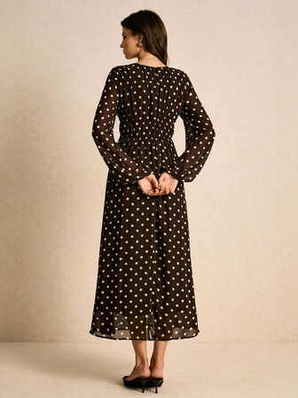Poéselle Women's Polka Dot Print Round Neck Lantern Sleeve Ruched Long Dress, Brown Dress,Legant Dresses For Women,New Year Dress Women ,Casual Outfit For Women,Old Money Style, Suitable For Daily Wear, Going Out, Commuting,Fall/Winter