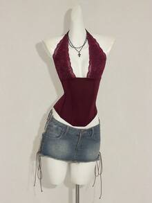 SHEIN ICON Women's Lace Patchwork Sheer V-Neck Backless Camisole Top Gothic Bathing Suit  Western Bathing Suit - Red - View 8