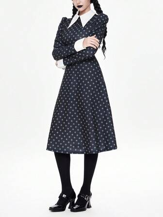 Women's Gothic Style All-Over Print V-Neck Casual Mid-Length Dress