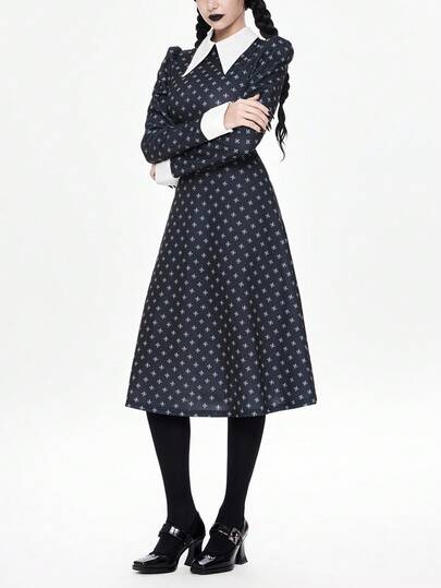 Women's Gothic Style All-Over Print V-Neck Casual Mid-Length Dress