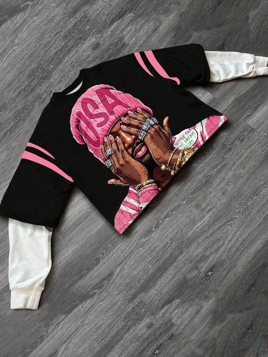 Manfinity Dauomo Best-Selling Two Pieces Style Crew Neck American Vintage Casual Sweatshirt With Simple Portrait Print For Fall And Winter