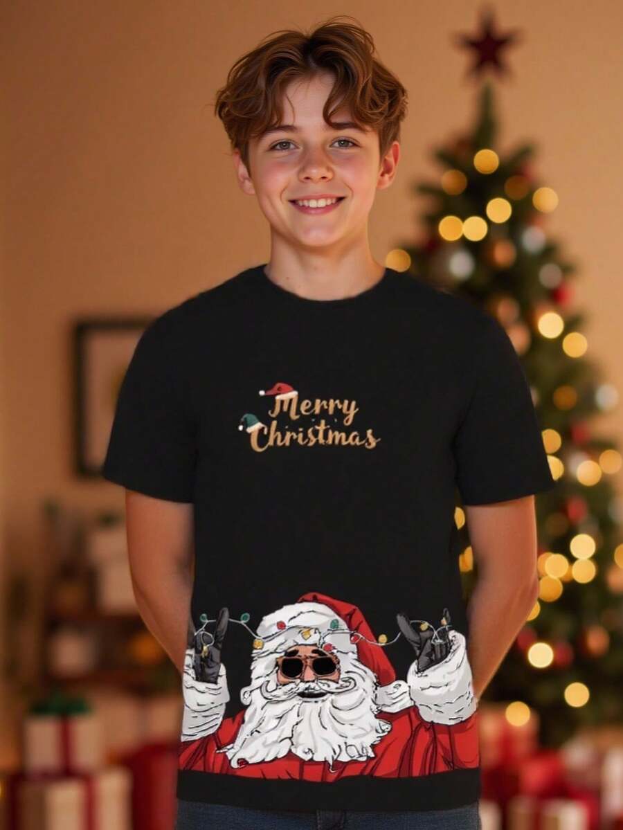 男童可爱圣诞印花圆领短袖T恤 - 黑色 - 查看 1