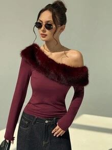 Aloruh Maglietta aderente asimmetrica in velluto bordeaux sexy per donne, adatta per festival musicali - Bordò - Visualizzare 4