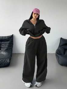 POPSWAY Plus Size Casual Solid Color Sweatshirt And Sweatpants Set