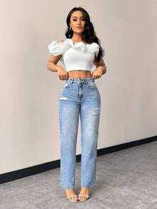 SHEIN Tall Jeans rectos de talle alto con efecto desgastado - Azul lavado medio - Ver 4
