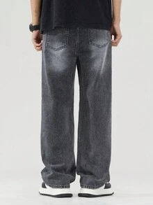 SHEIN Explorewe 青少年男孩休闲户外百搭简约舒适时尚单品水洗黑猫须斑驳松紧腰宽松直筒阔腿牛仔裤