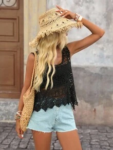 Brillora Woman's Water-Soluble Embroidery Knitted Vacation Blouse - Black - View 3