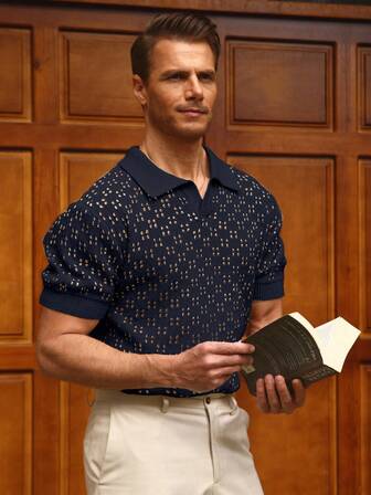 Manfinity CityGents 男士简约纯色 Polo 领短袖镂空针织上衣，夏季