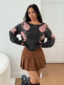 SHEIN PETITE Country Western Floral Intarsia Boat Neck Long Sleeve Knit Sweater, Casual Cute Back To School, Boho, Fall, Autumn, Winter Valentine's Day - Black - View 9