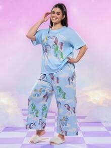 My Little Pony X SHEIN Plus Size Summer Cute Horse Print Round Neck Short Sleeve T-Shirt And Pants Pajama Set