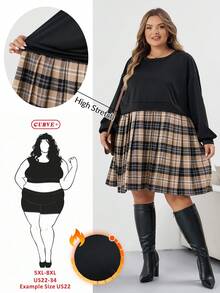 SHEIN CURVE+ Vestido de Moletom com Mangas Longas e Estampa Xadrez em Patchwork para Mulheres Plus Size, Adequado para Outono/Inverno