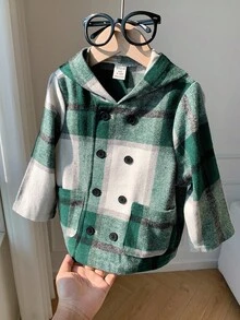 Baby Jungen/Mädchen karierte doppelreihige Kapuzenjacke aus Wollmischung in Mittellänge, lässig und vielseitig für Zuhause undOutdoorn, koreanischer Stil Baby Jungen Jacke in grünem Karomuster, Baby Jungen Jacke, Baby Jungen doppelreihige Jacke, Herbst Winter Kleidung für Kinder - Verschiedenfarbig - Übersicht 7