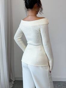 Franclia 杏色女士秋冬休闲3D立体玫瑰装饰罗纹弹力修身针织上衣打底衫法式优雅大V领露肩长袖毛衣返校季日常穿着毛衣秋季女装秋季女装秋季女装秋季女装秋季外出冬季女装优雅时尚休闲通勤商务办公日常休闲百搭气质都市教师职业装 - 米色 - 查看 2