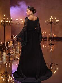 Glamrae Große Größen Herbst und Winter elegantes romantisches luxuriöses Off-Shoulder Spitzen-Splicing koreanisches Samt-Spitzen-Applikations-Design asymmetrisches Rüschen-Trompeten-Langarm-Slim-V-Taille-Abschnitt Oversized A-Linie Plus-Schwanz geeignet für Abendessen, Junggesellinnenabschied, Date, Tanz, Urlaub, Hochzeit, Abendveranstaltung (schweres Modell) Gothic-Stil