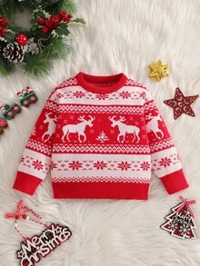 Suéter de cuello redondo rojo navideño lindo para niños pequeños