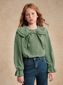 Tween Girl Solid Color Bow Collar Long Sleeve Cute Blouse Fall Winter - Army Green - View 3