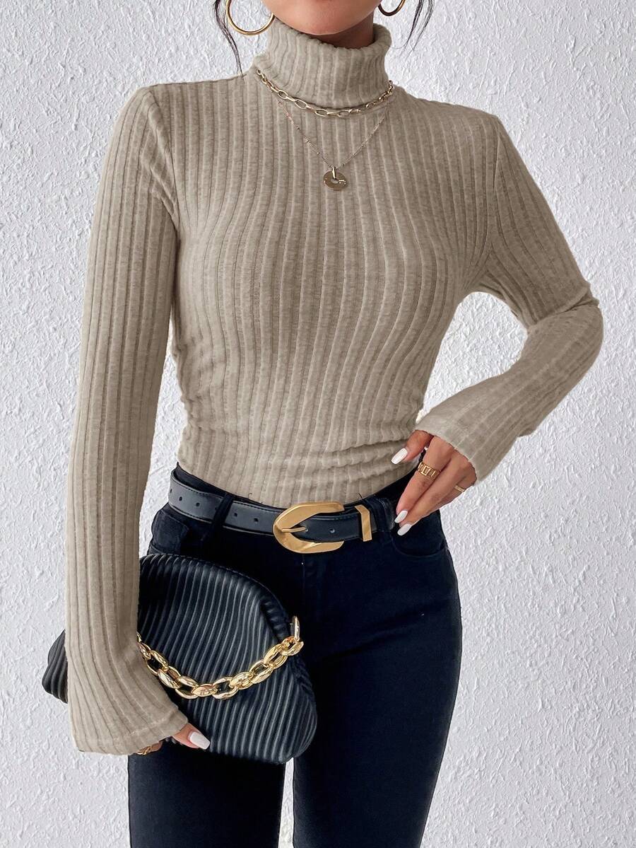 SHEIN Frenchy Turtleneck Ribbed Knit Textured Fabric Shirring Tee,Fall,Fall Clothes For Women Winter Casual Spring - Apricot - View 1