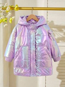 Young Girl' Cute Iridescent Glossy Hooded Pockets Ribbed Mid-Length Padded Coat Fall Winter - Purple - View 1