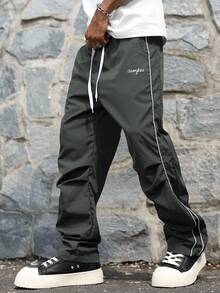 Claim Dot 男士休闲百搭撞色饰边抽绳腰长裤，适合秋季 - 灰色 - 查看 4