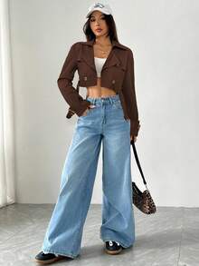 SHEIN EZwear 女式巧克力棕色翻领纽扣前长袖短款风衣，秋季 - 巧克力棕 - 查看 5