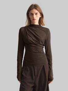 Ontre 2025 ALL SEASON Asymmetric Ruffle Collar Basic Long Sleeve Minimalist Urban Business Casual Blouse, Women Office Wear, Suitable For Christmas, Halloween, Party,Brown Top Modern Urban Casual Fashion Business Casual Women's Office Wear Low-Key Old Money Style Effortless Temperament High-End Urban Commuting High-Quality Airport Women's Wear High-End Material