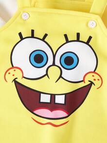 SpongeBob SquarePants | SHEIN 2 件女婴字母图案连帽衫和可爱卡通图案背带裤休闲套装 - 彩色 - 查看 9