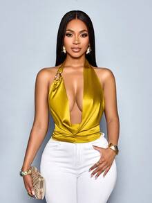 SOLERSUN Áo ba lỗ satin bó sát trang trí kim loại gợi cảm thanh lịch cho nữ - Màu Mù tạt vàng - Xem 1