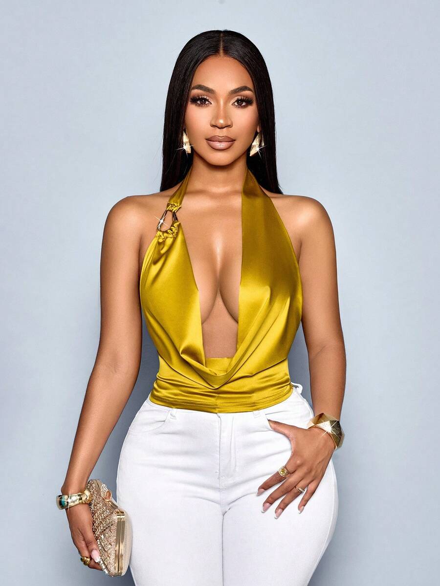 SOLERSUN Áo ba lỗ satin bó sát trang trí kim loại gợi cảm thanh lịch cho nữ - Màu Mù tạt vàng - Xem 1