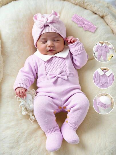 SHEIN 2pcs/Set Toddler Lavender Cute Sweater Romper: Peter Pan Collar 3D Bow Long Sleeve Romper + Fashion Headband Baby Girl Knitted Romper Purple Baby Girl Outfit Newborn Baby Girl Sweater Outfit Baby Girl Jumpsuit With Hat Purple Newborn Romper Newborn Baby Girl Clothes Newborn Knitted Romper Newborn Cozy Knitted Sweater Newborn Autumn And Winter Clothes Fall