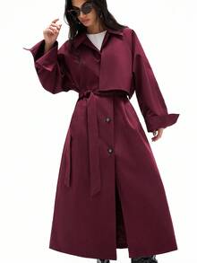 GENKIRA Áo gió dài cài nút phía trước màu đỏ, thiết kế ve áo dài, thắt lưng trang trí nơ, có thể điều chỉnh, nguyên chiếc sắc nét và thời trang, dễ phối đồ - Đỏ - Xem 1