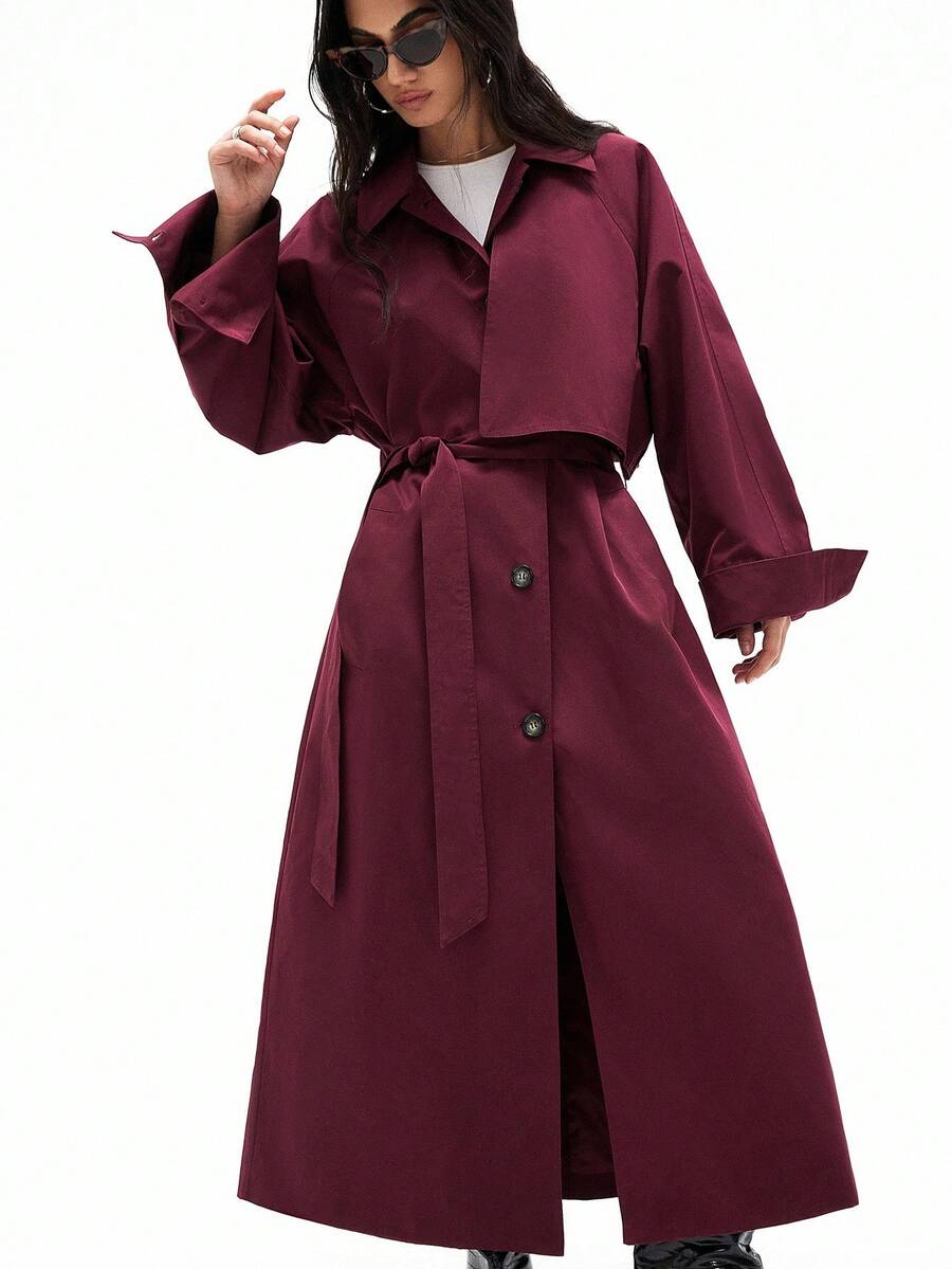 GENKIRA Áo gió dài cài nút phía trước màu đỏ, thiết kế ve áo dài, thắt lưng trang trí nơ, có thể điều chỉnh, nguyên chiếc sắc nét và thời trang, dễ phối đồ - Đỏ - Xem 1