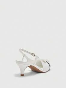 CUCCOO BIZCHIC Sapatos de salto alto femininos, pretos e brancos, elegantes, novos, com laço, patchwork, costas nuas, leves, para uso diário - Branco - Ver 8