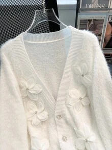 Regalyn Plus Size 3D Floral Rhinestone Fuzzy Cardigan, Soft & Cozy Knit Outerwear