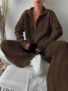 EURMUSE Drop Shoulder Zipper Half Open Knitted Sweater And Pants Two Piece Set - Rust Brown - View 6