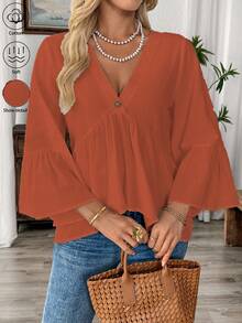 EMERY ROSE 女式休闲V领荷叶边袖衬衫 - 橘色 - 查看 4
