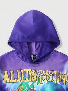 ROMWE MEN Street Life Sudadera holgada con capucha de estampado tie-dye con eslogan y alienígena, de estilo casual y urbano para hombre, para primavera/otoño - Morado - Ver 3