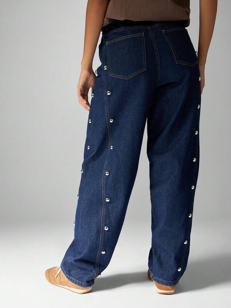 MISSGUIDED Linen Barrel Leg Jeans Silver Metal Stud Side Detail High Rise Wide Straight Cotton Denim Classic Western Fall Winter Fashion