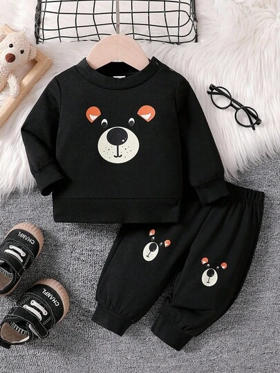 SHEIN 新生儿休闲可爱熊印花上衣和裤子套装