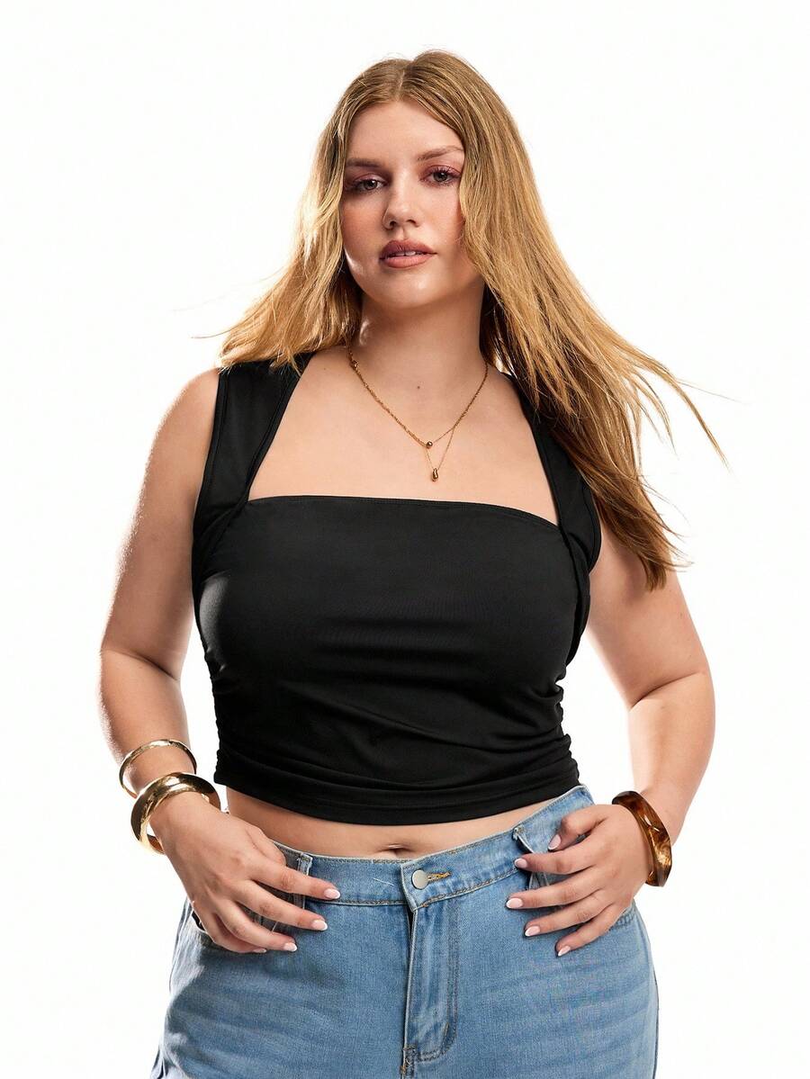 SHEIN EZwear Plus Size Women's Solid Color Cropped Tank Top - Black - View 1