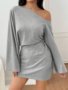 SHEIN PETITE Váy ngắn tay chuông cổ lệch màu thời trang dành cho nữ, hở vai, váy đi chơi, váy mùa thu dành cho nữ - Xám - Xem 4