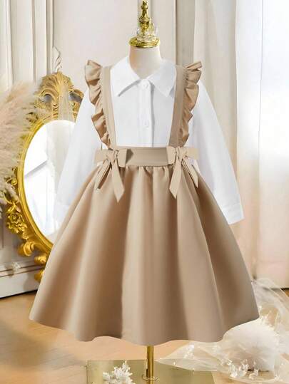 SHEIN 年轻女孩休闲优雅可爱衬衫裙套装，粉色荷叶边背带裙，腰部系有 2 个蝴蝶结，有领衬衫，适合外出、度假、旅行和散步