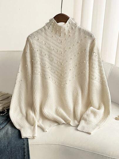 Firerie 加码高领仿珍珠串珠灯笼袖毛衣/立领长袖秋冬乳白色杏色串珠优雅浪漫毛衣/慵懒宽松学院风日常街头毛衣轻薄毛衣女式针织套头衫女式高领套头毛衣女式轻薄针织毛衣女式高领毛衣女式针织毛衣珍珠装饰毛衣