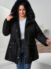 SHEIN CURVE+ Plus Size Winter Clothes Casual Drawstring Waist Hooded Padded Padded Coat With Fur Collar - Black - View 4