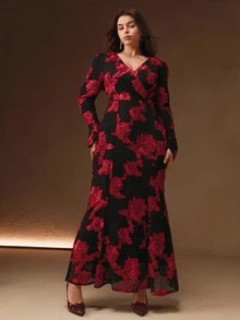 Anewsta 大码女式V领褶皱腰修身连衣裙，女士秋季连衣裙 - 玫瑰紅 - 查看 5
