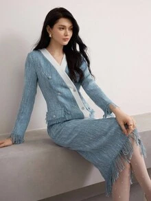 Modelyn 女式拼色V领流苏束腰优雅派对连衣裙 - 彩色 - 查看 5
